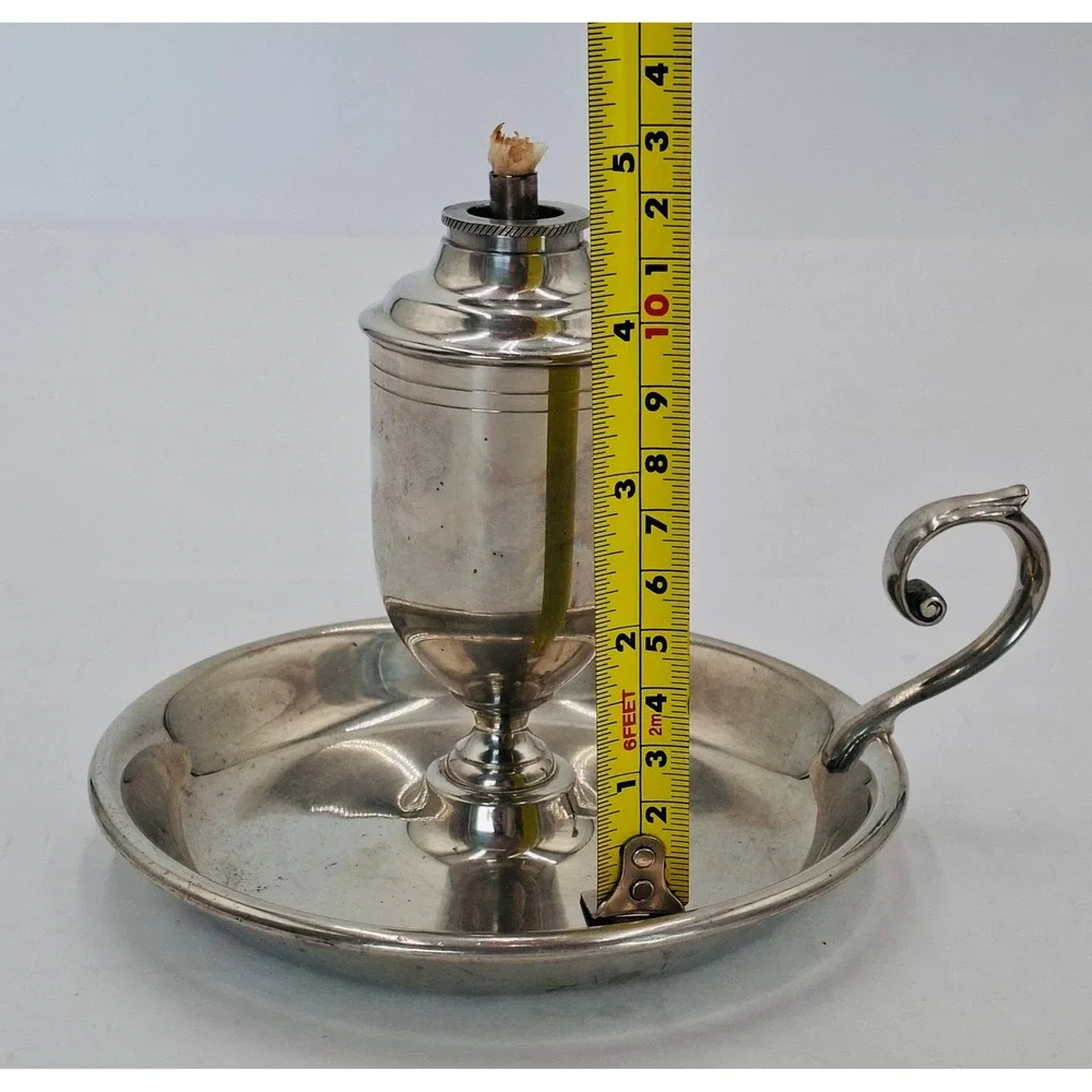 Vintage Shirley Pewter Chamber Oil Lamp Glass Chimney Colonial Finger Handle 9